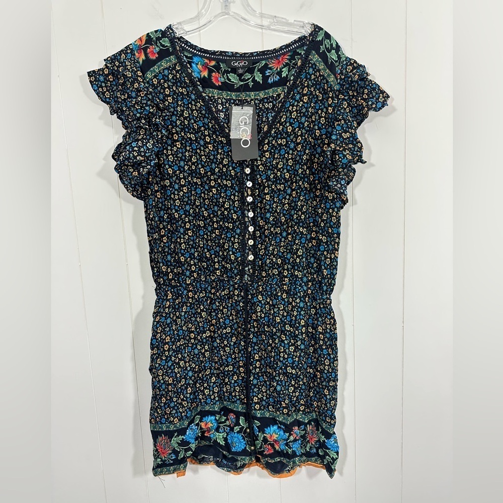 NWT GiGio USA Ruffle Sleeve Floral Boho Romper Half Button Size L elastic Waist